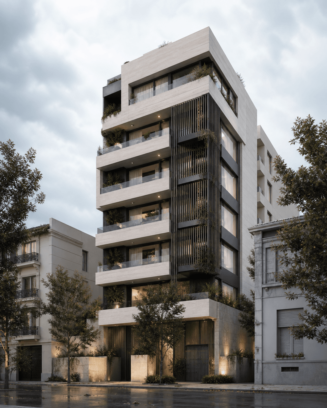 Synthetic placeholder rendering of a narrow urban residence